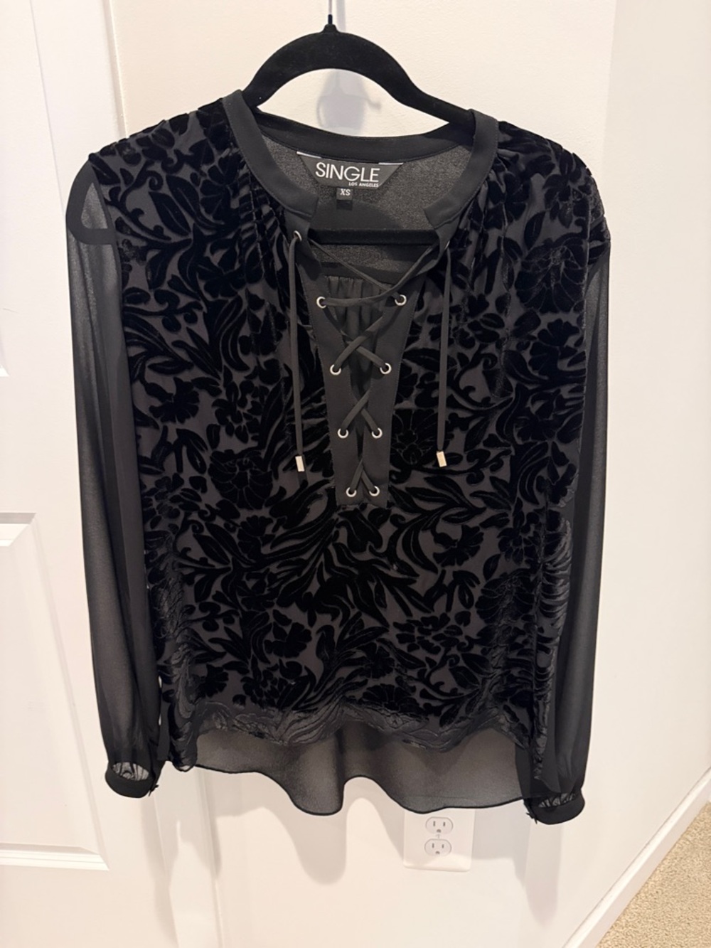 Single Black Velvet Burnout Lace-Up Sheer Blouse